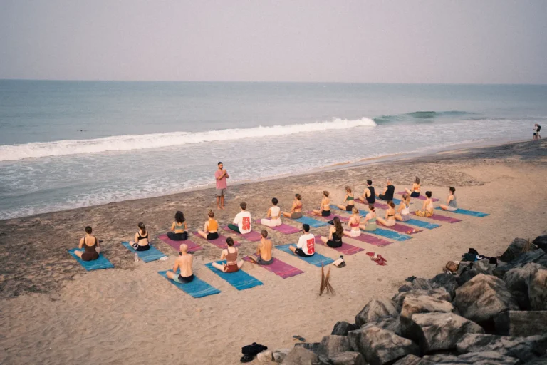Teacher leading a large class on colourful mats on Varkala beach by the waves